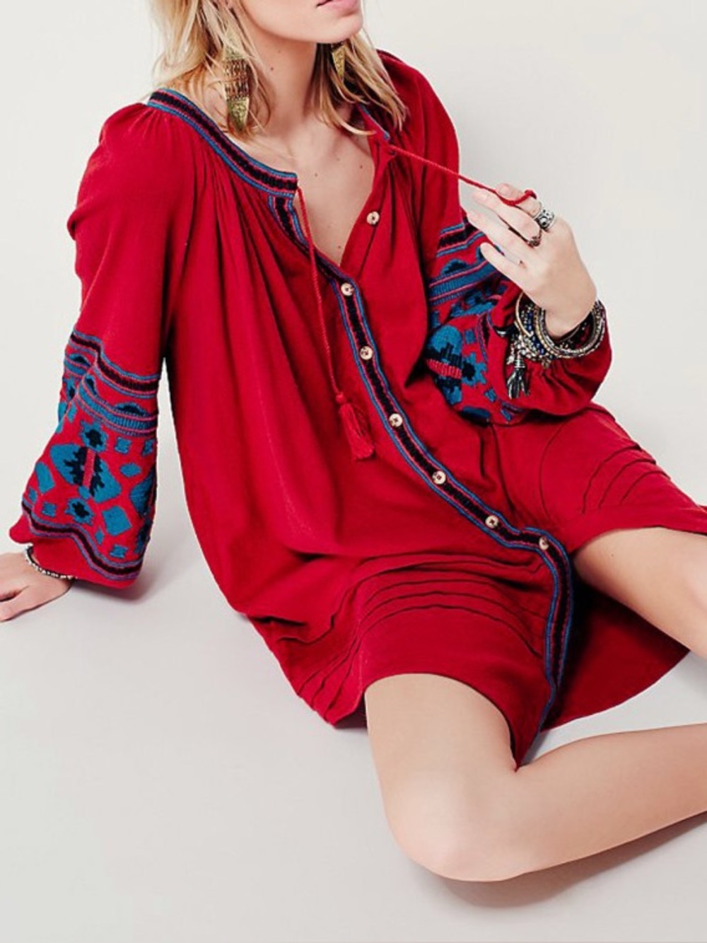 Free People In the Clear Red Embroidered Tunic Long Sleeve Dress Size Large